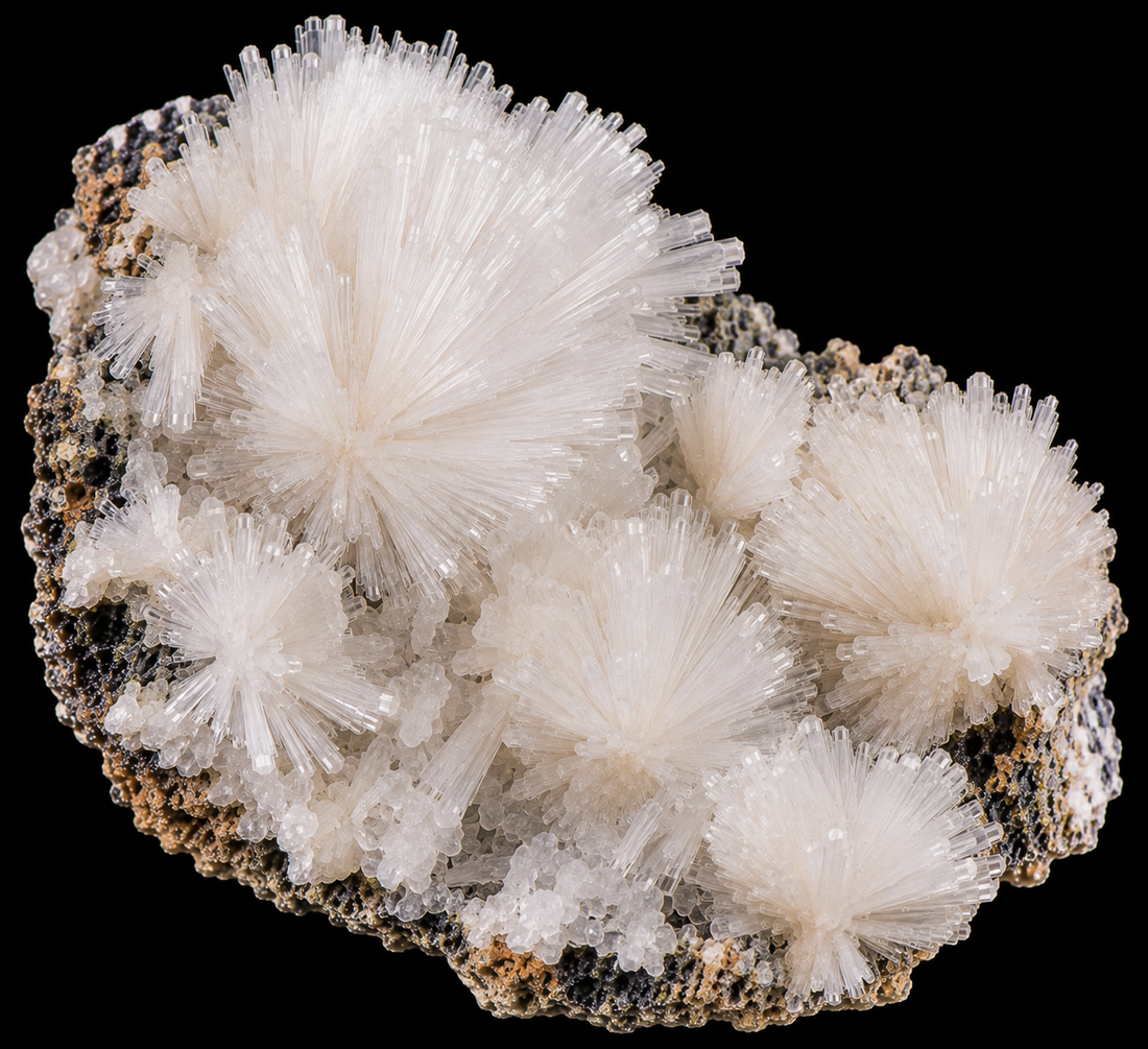 Mésolite naturelle sur fond noir.