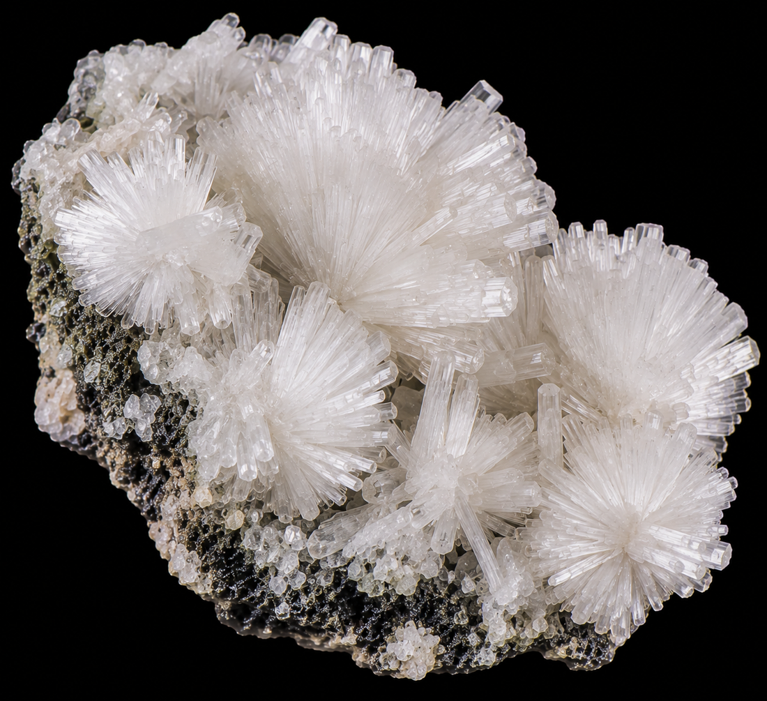 Natrolite naturelle sur fond noir.