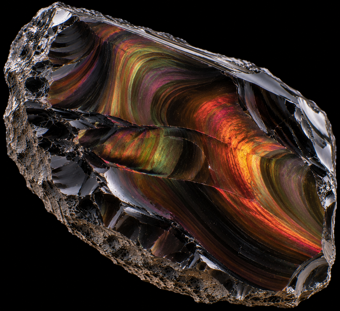 Obsidienne feu naturelle sur fond noir.