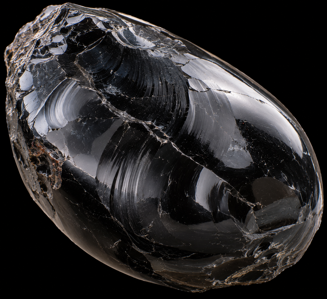 Obsidienne larme d’Apache naturelle sur fond noir.