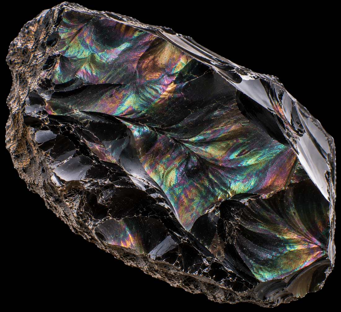 Obsidienne mentogochol naturelle sur fond noir.
