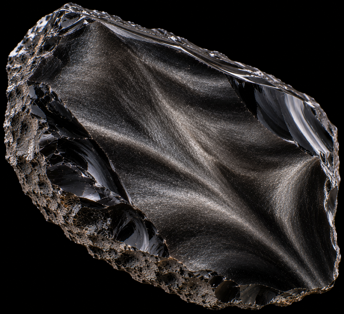 Obsidienne velours naturelle sur fond noir.