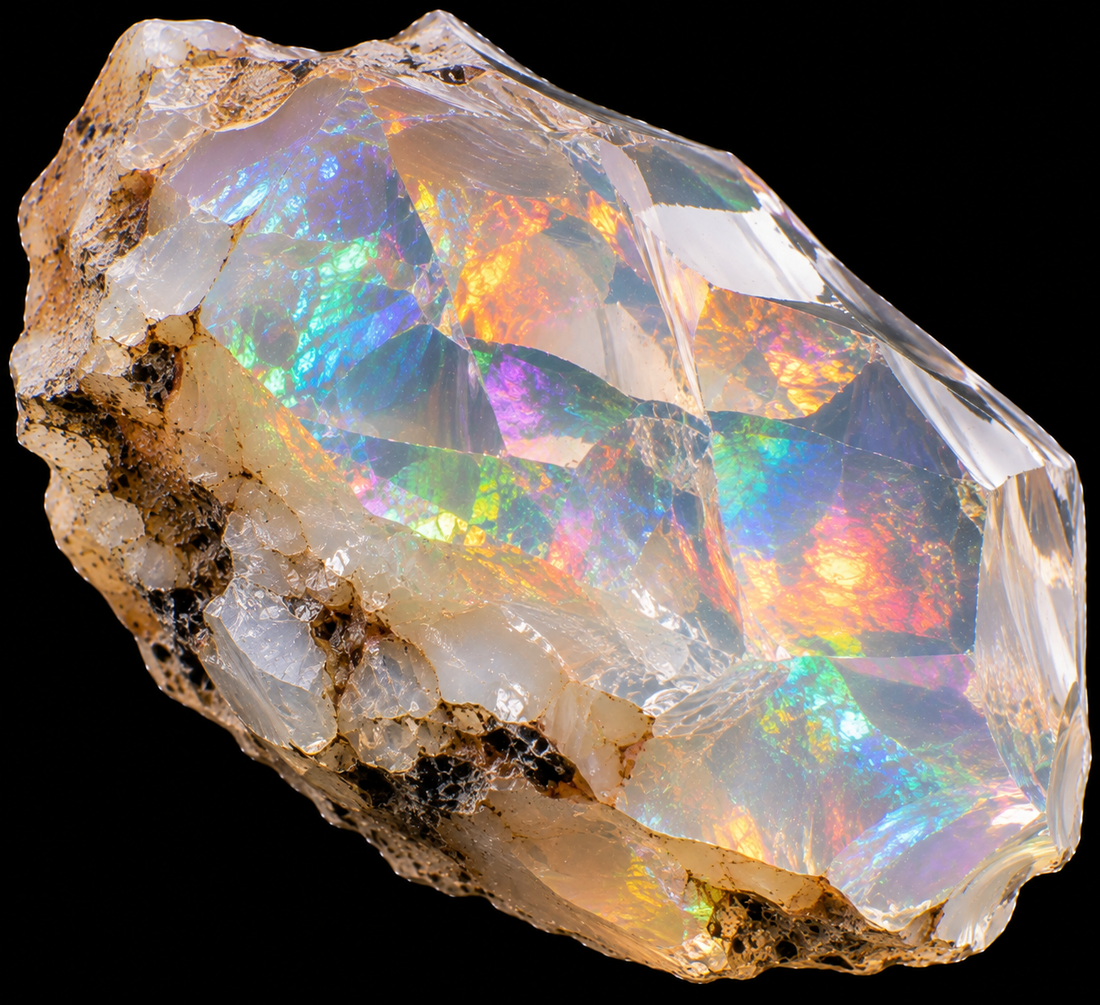 Opale cristal naturelle sur fond noir.