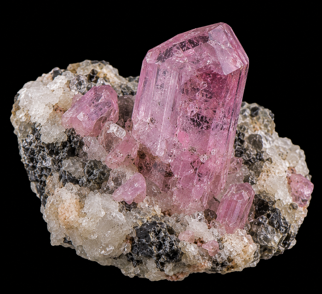 Poudretteite naturelle sur fond noir.