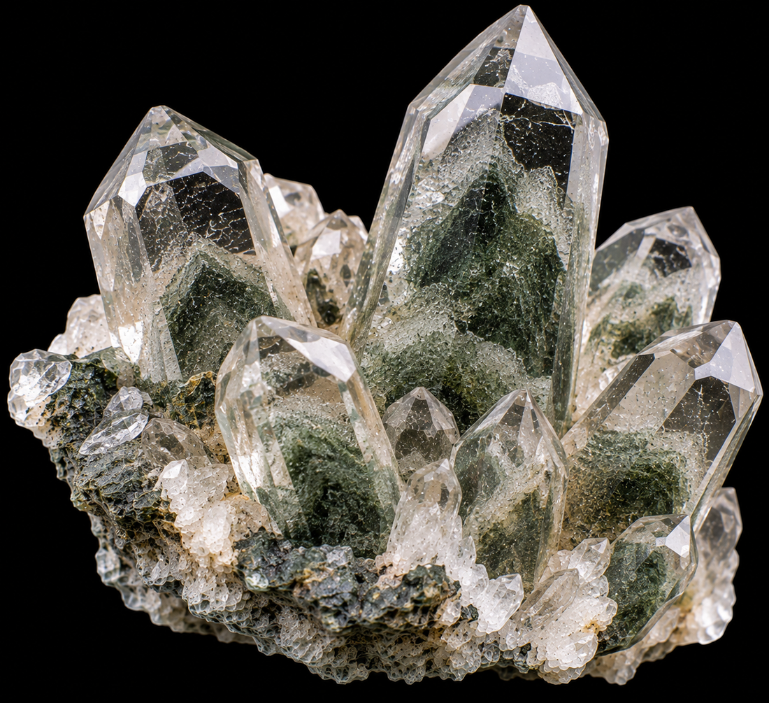 Quartz chlorite naturel sur fond noir.