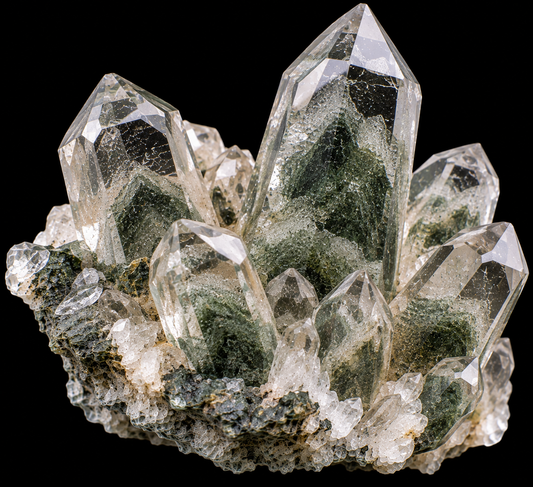Quartz chlorite naturel sur fond noir.