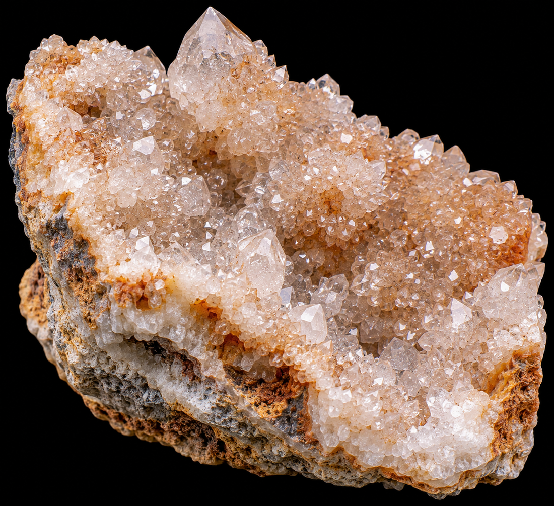 Quartz druzy naturel sur fond noir.