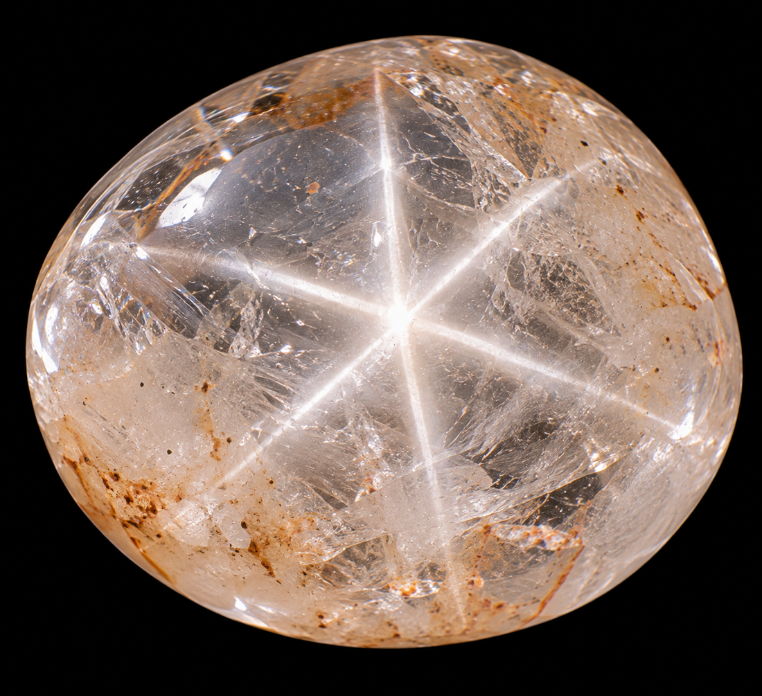 Quartz étoilé naturel sur fond noir.