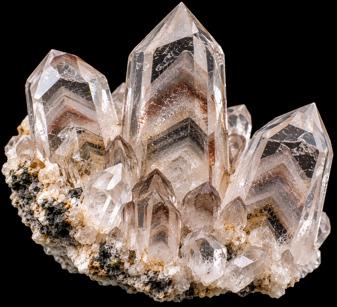 Quartz fantôme naturel sur fond noir.