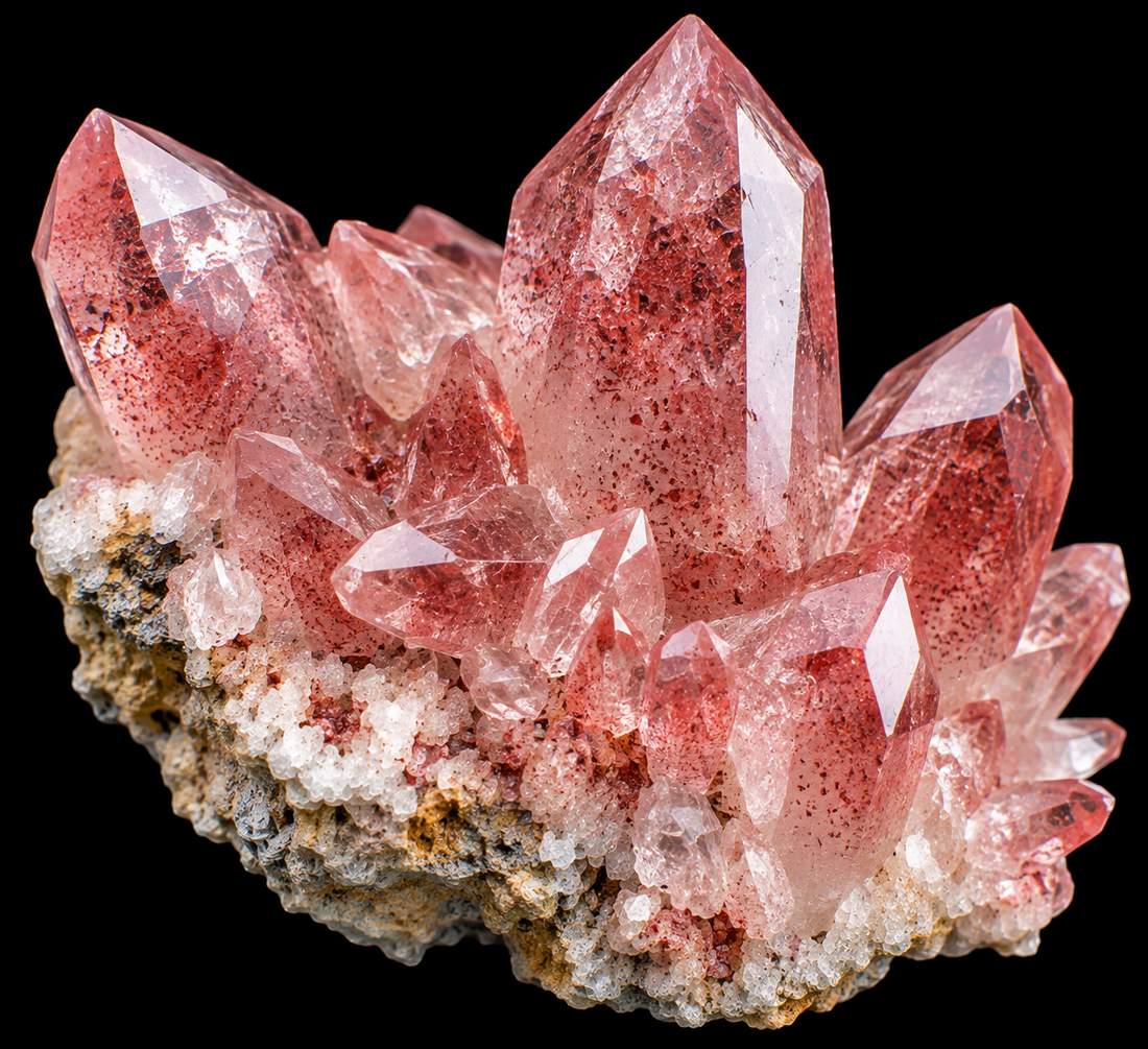 Quartz fraise naturel sur fond noir.
