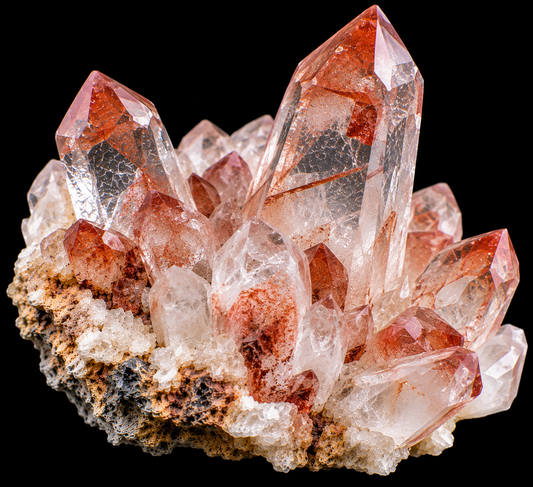 Quartz hématoïde naturel sur fond noir.