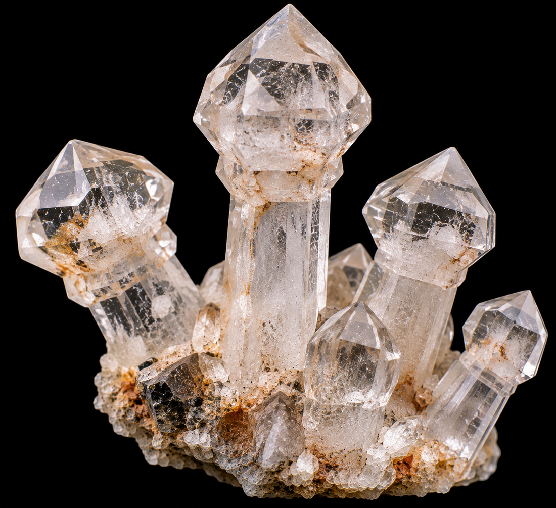Quartz sceptre naturel sur fond noir.