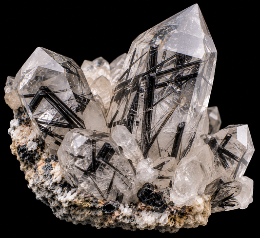 Quartz tourmaliné naturel sur fond noir.