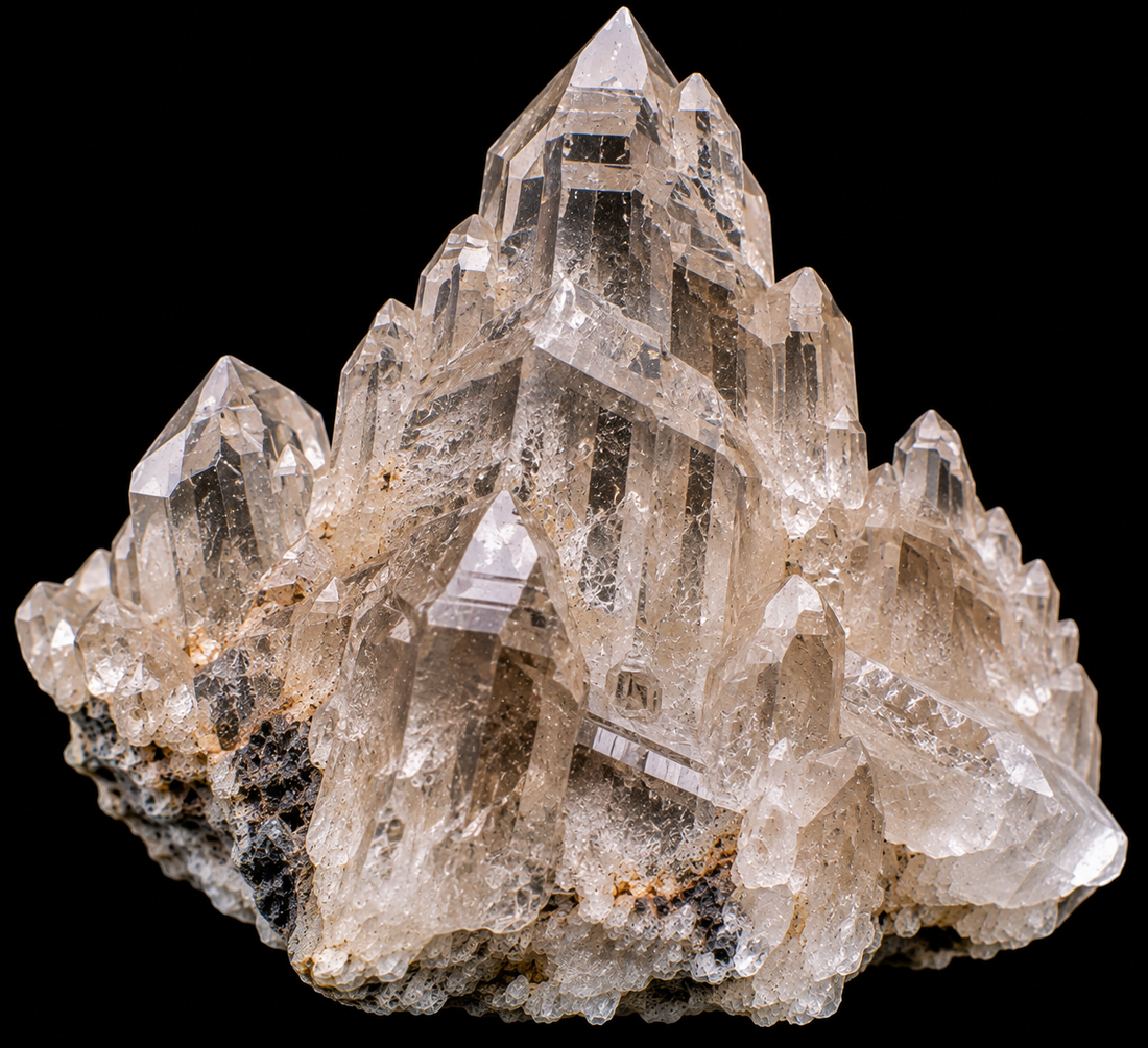 Quartz cathédrale naturel sur fond noir.