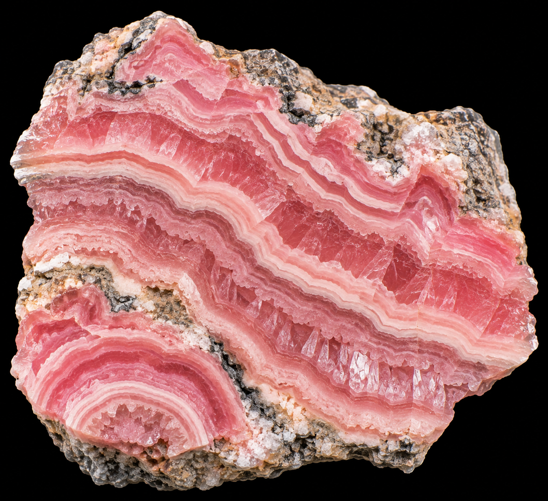 Rhodochrosite rubanée naturelle sur fond noir.
