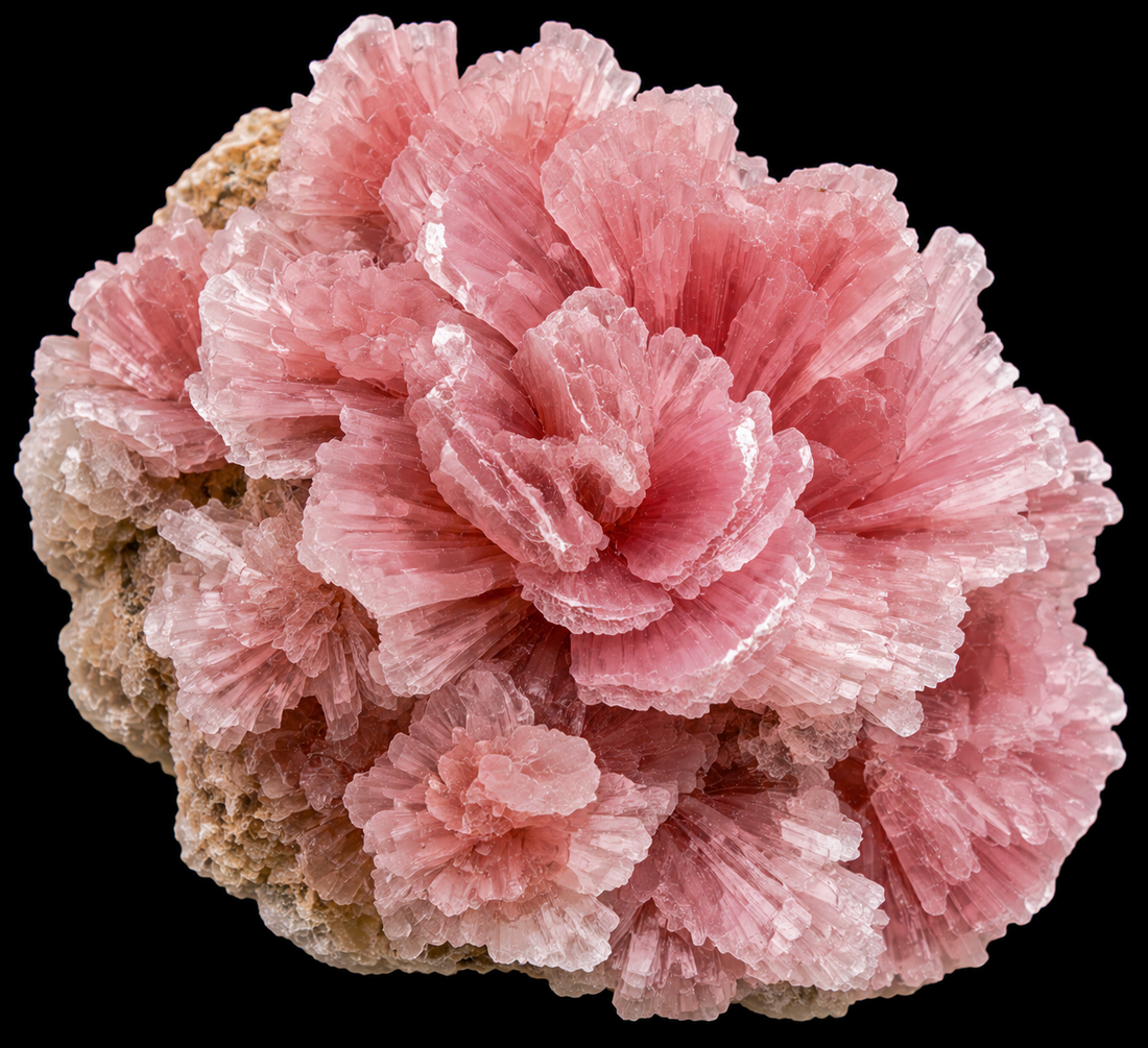 Aragonite rose naturelle sur fond noir.