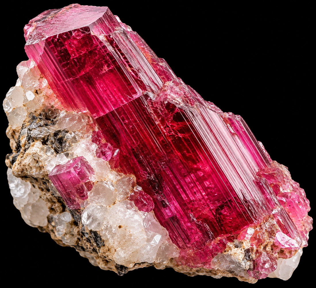 Rubellite naturelle sur fond noir.