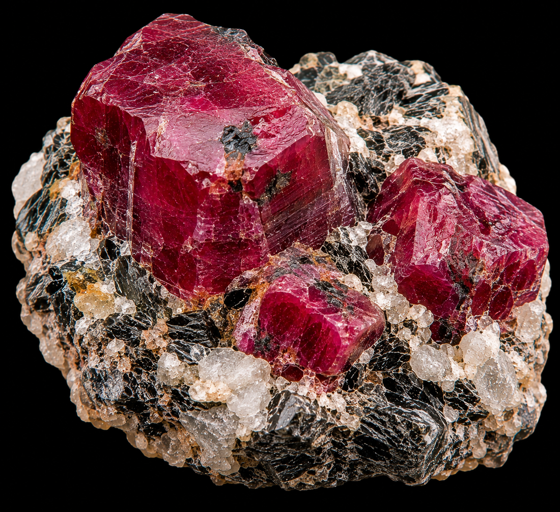 Rubis du Mozambique naturel sur fond noir.