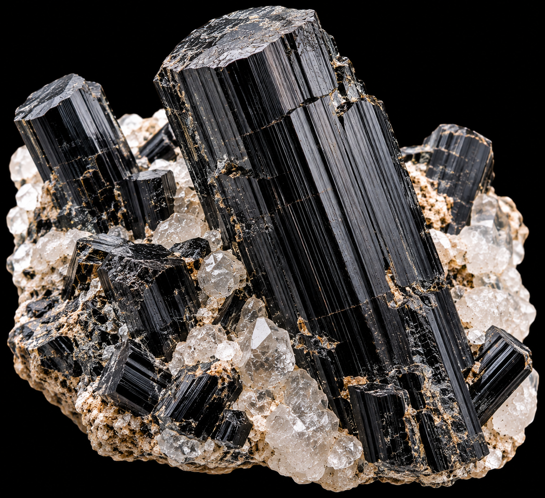 Schorl naturel sur fond noir.