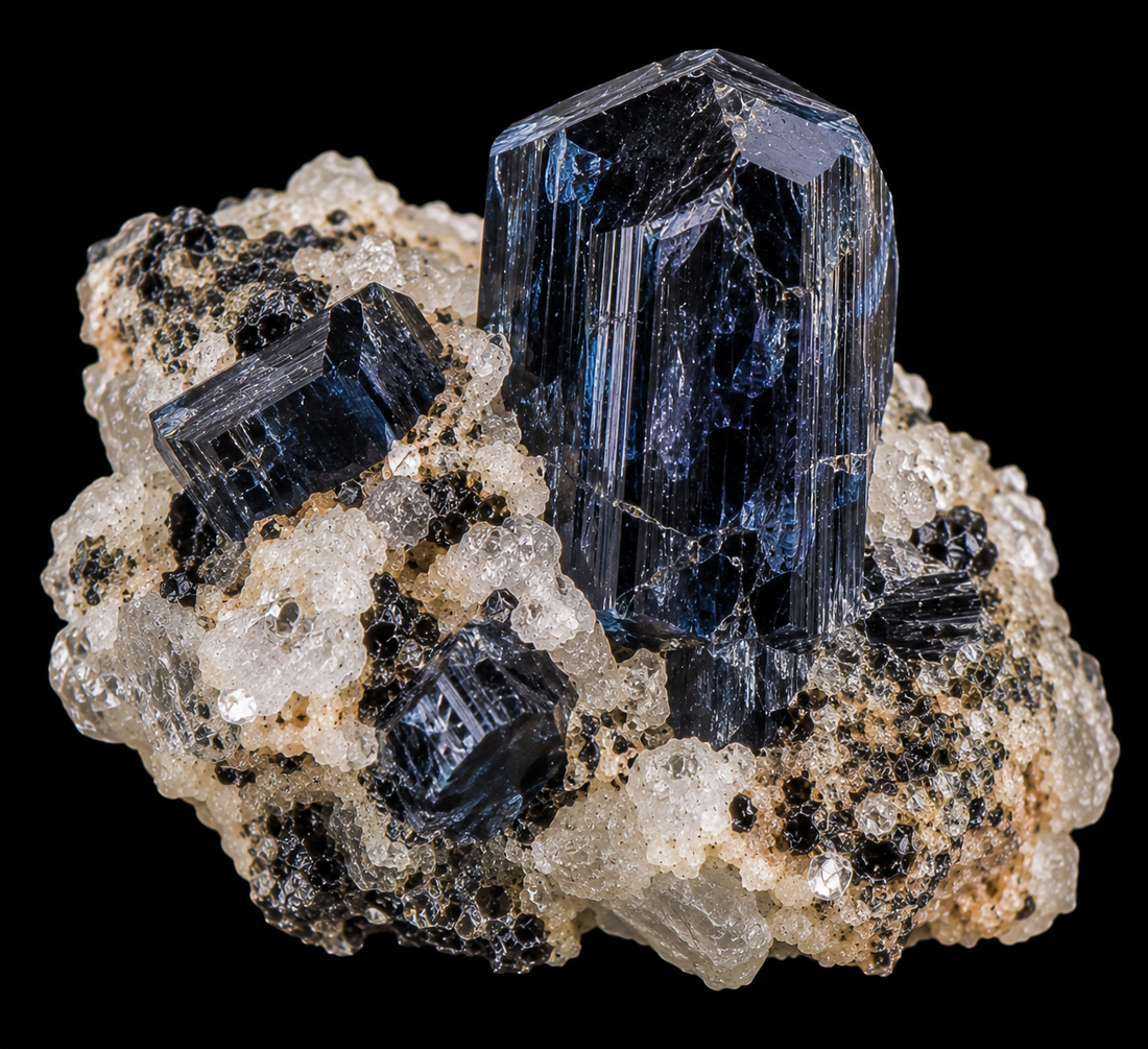 Serendibite naturelle sur fond noir.