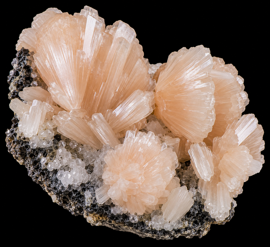 Stilbite naturelle sur fond noir.