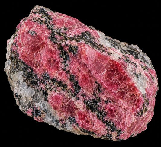 Thulite naturelle sur fond noir.