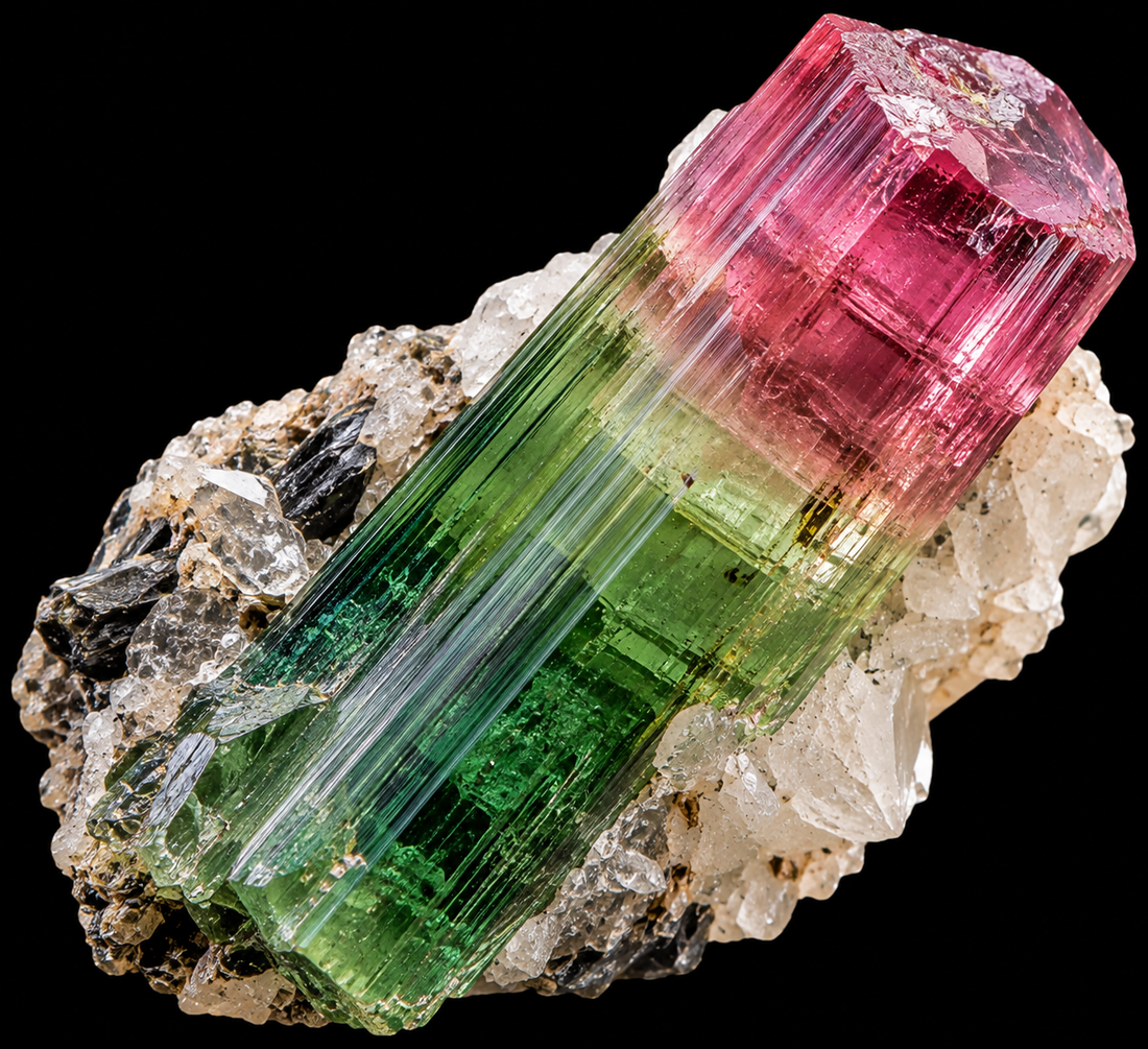 Tourmaline bicolore naturelle sur fond noir.