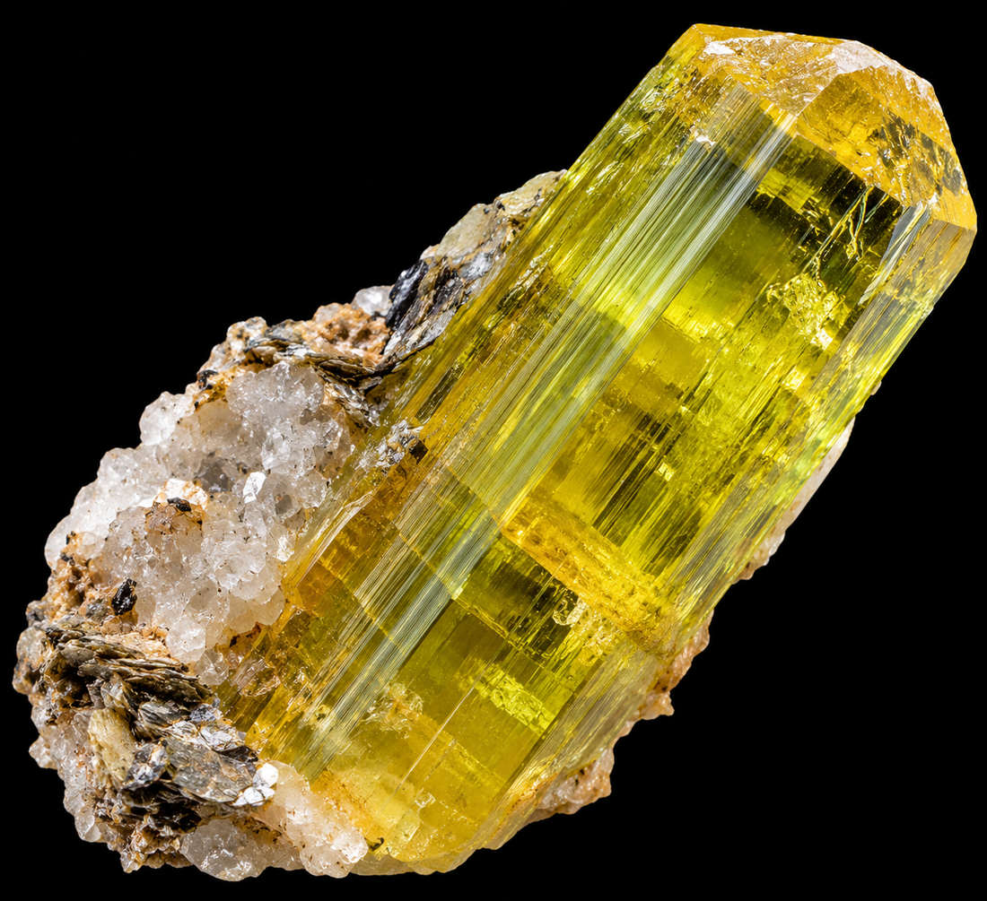 Tourmaline canari naturelle sur fond noir.