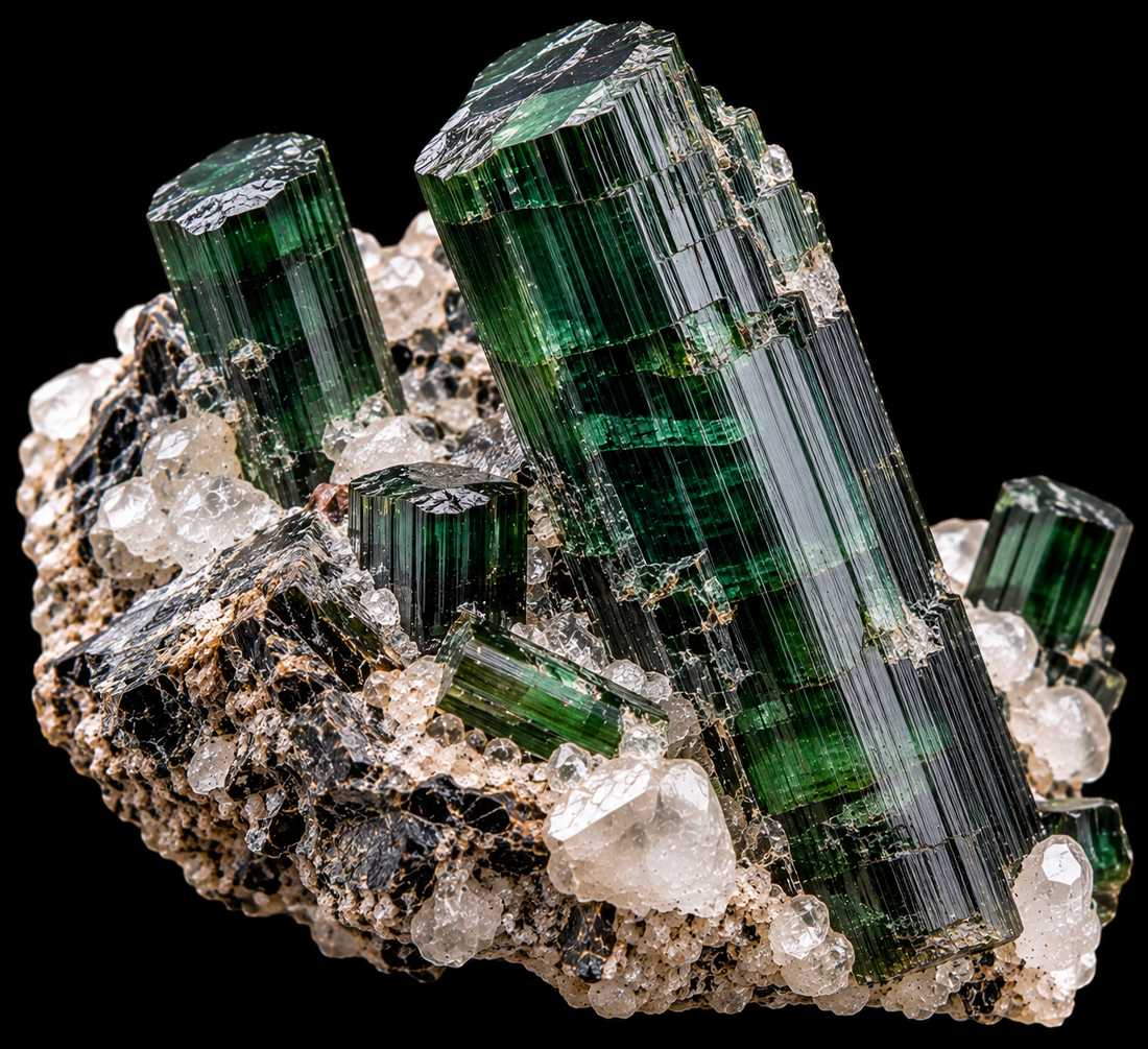 Tourmaline chromifère naturelle sur fond noir.