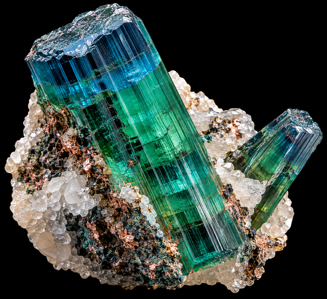 Tourmaline cuprifère naturelle sur fond noir.