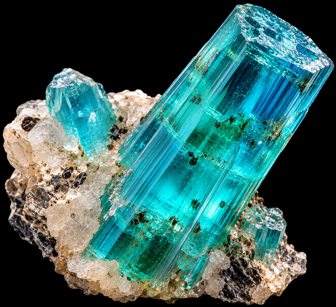Tourmaline de Paraíba du Brésil naturelle sur fond noir.