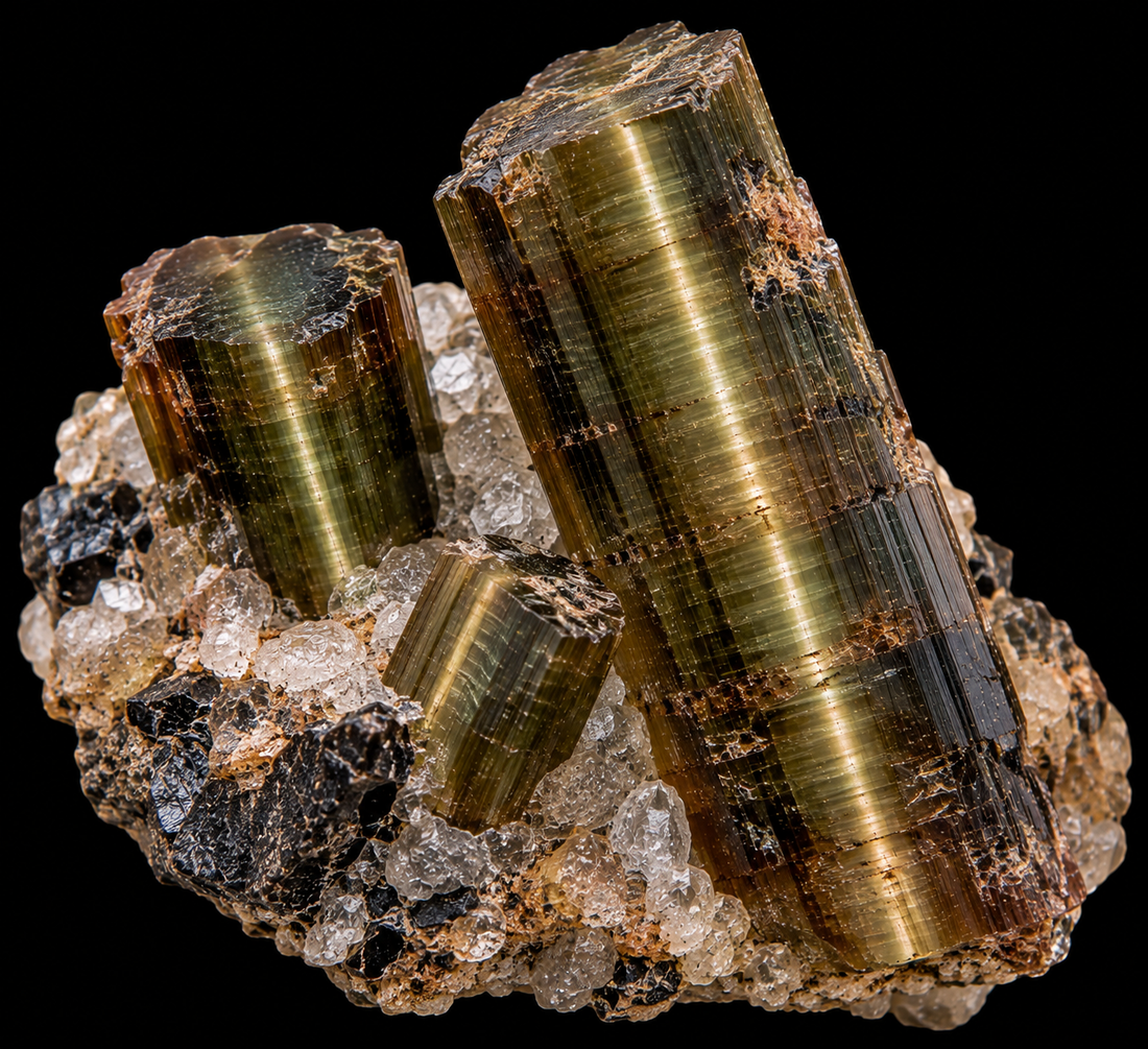 Tourmaline œil-de-chat naturelle sur fond noir.
