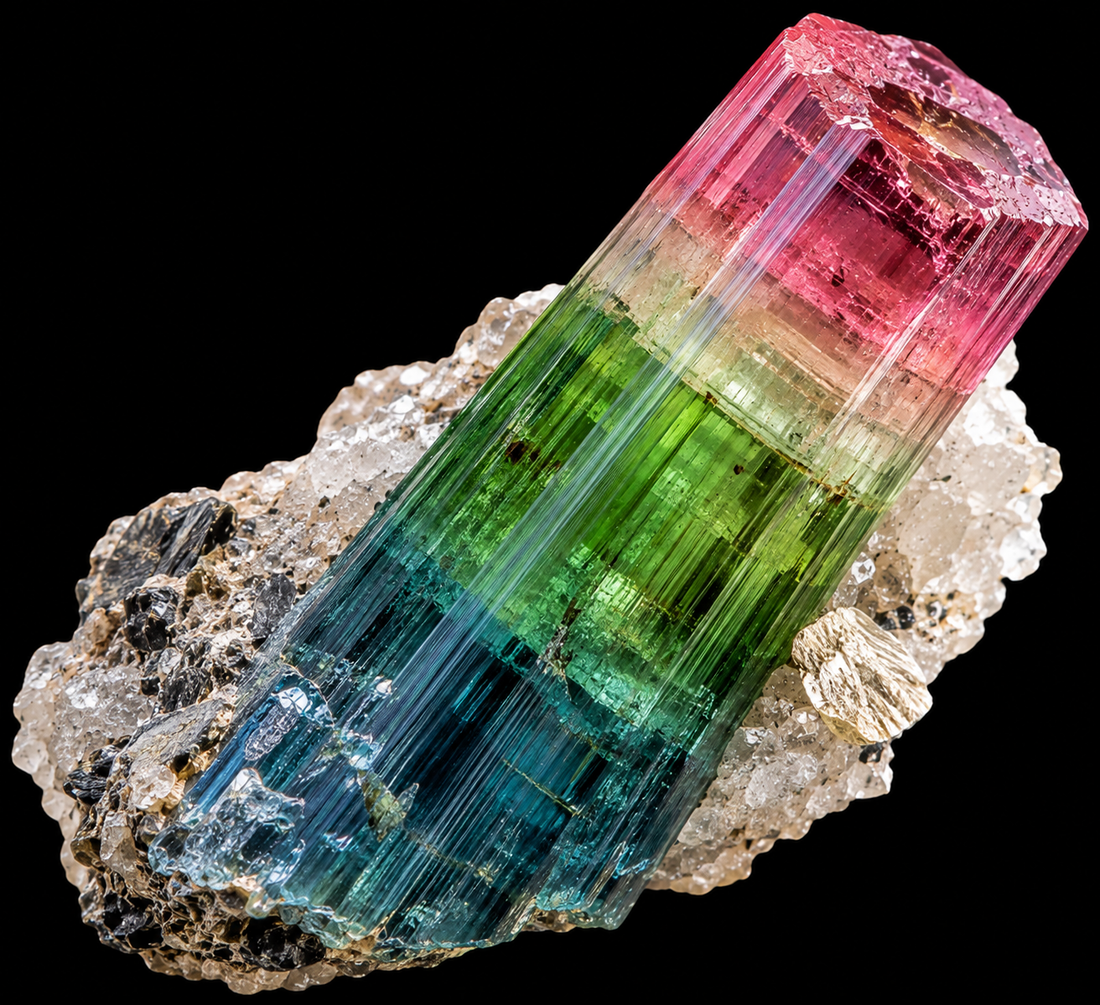 Tourmaline tricolore naturelle sur fond noir.