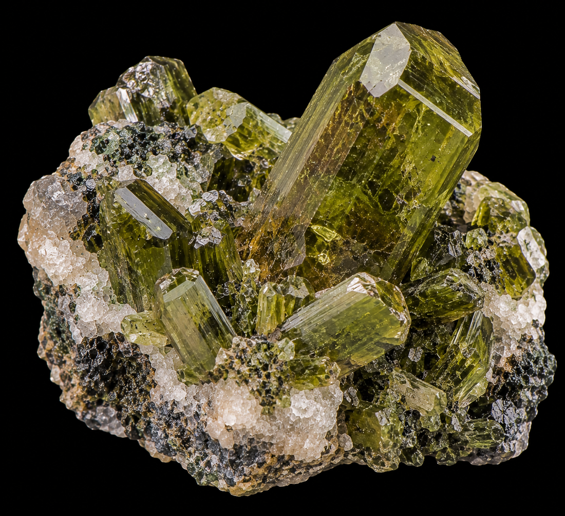 Vésuvianite naturelle sur fond noir.