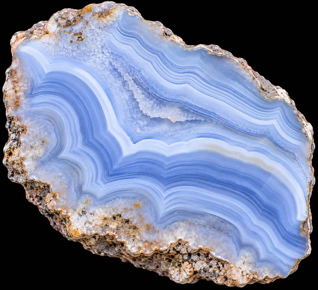 Agate bleue naturelle sur fond noir.
