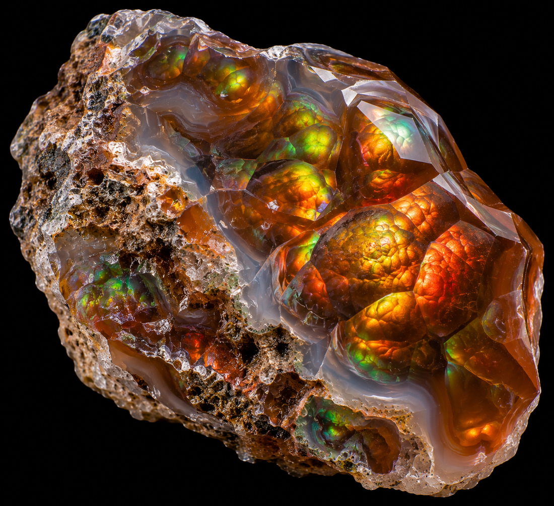 Agate de feu sur fond noir.