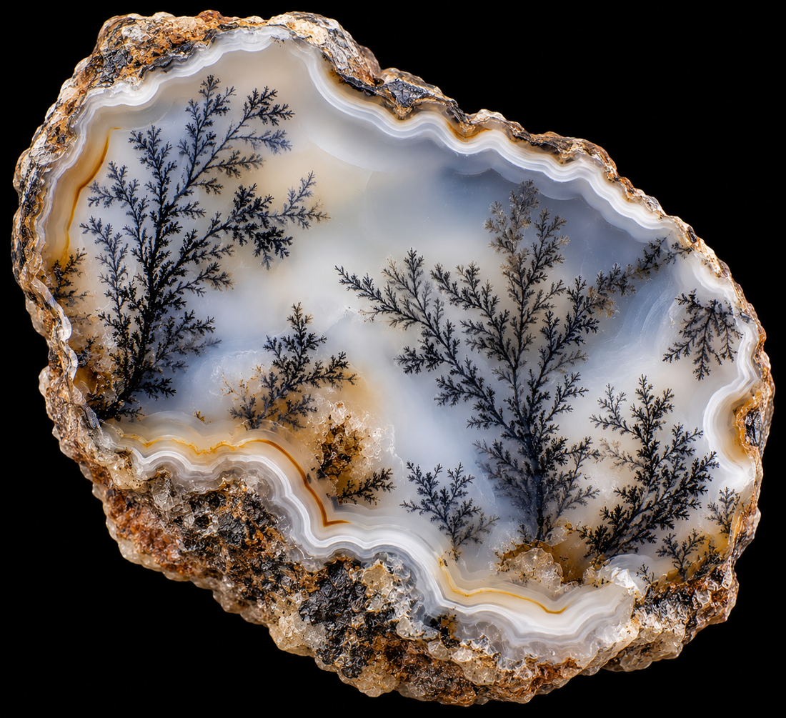Agate dendritique naturelle sur fond noir.