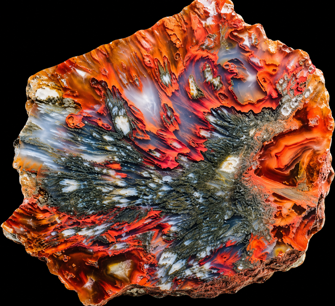 Agate plume naturelle sur fond noir.