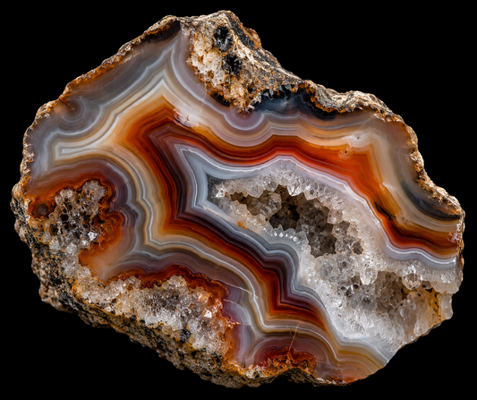 Agate naturelle sur fond noir.