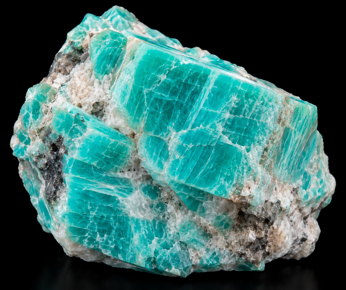 Amazonite naturelle sur fond noir.