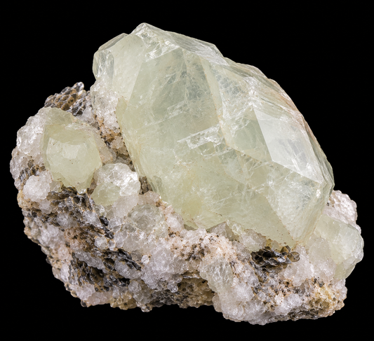Amblygonite naturelle sur fond noir.