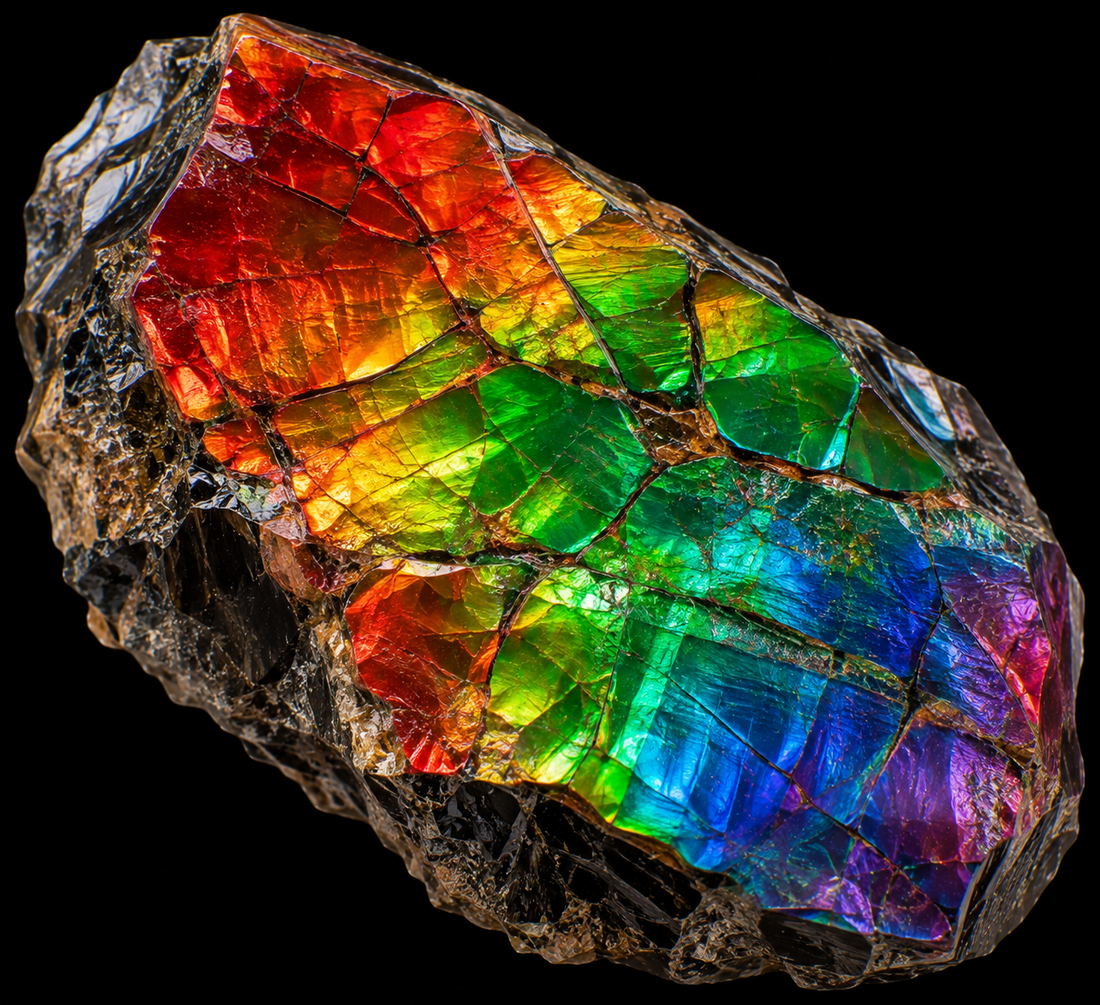 Ammolite naturelle sur fond noir.