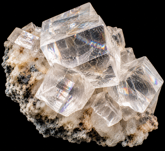 Calcite optique naturelle sur fond noir.