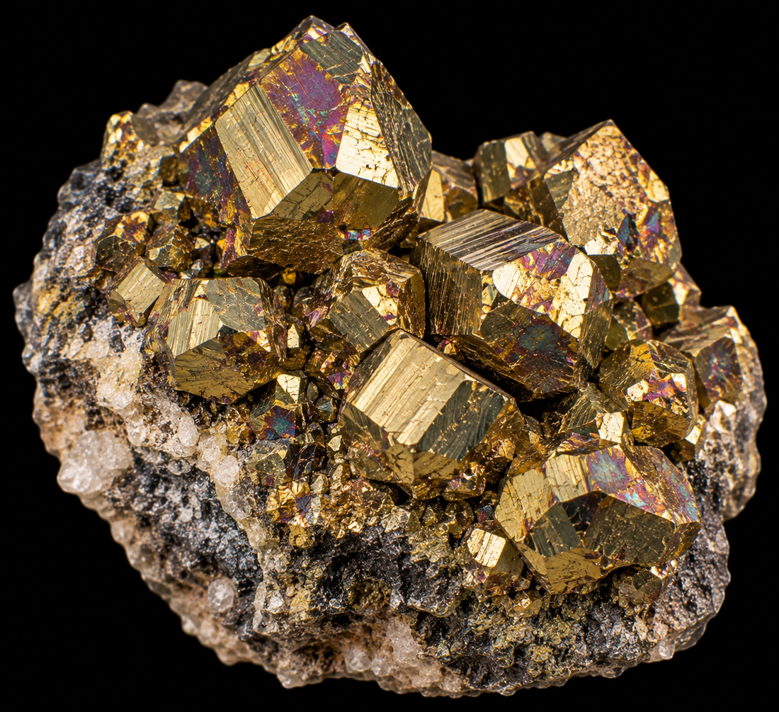 Chalcopyrite sur fond noir.