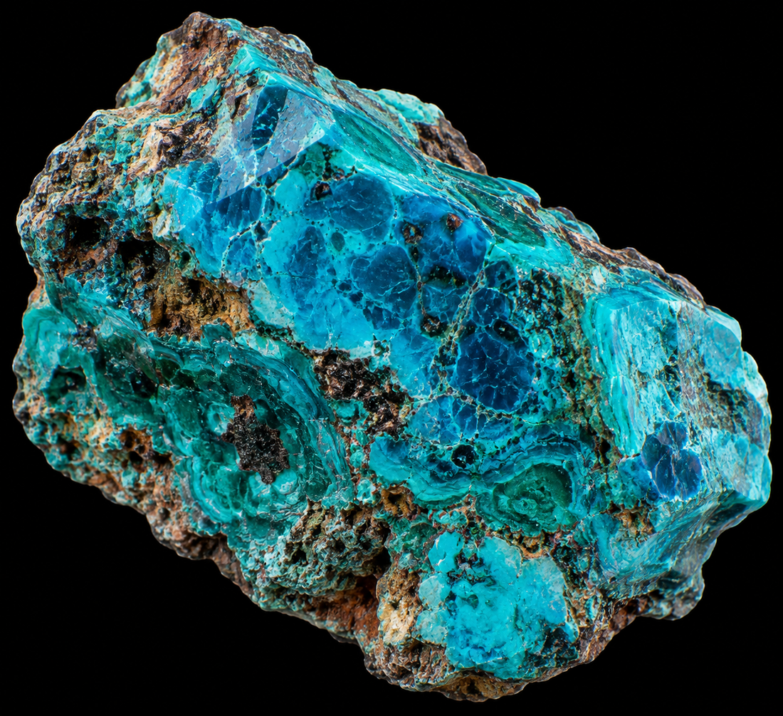 Chrysocolle naturelle sur fond noir.
