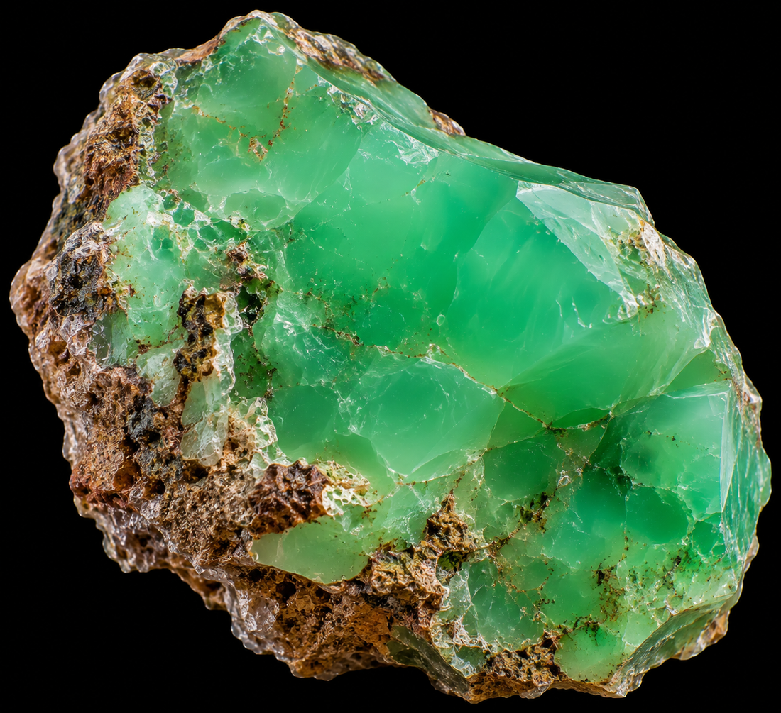 Chrysoprase naturelle sur fond noir.
