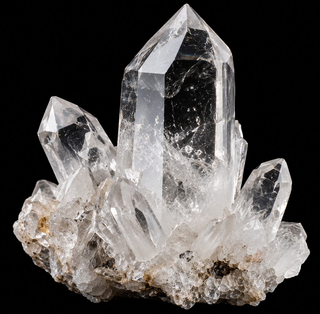 Cristal de roche sur fond noir.