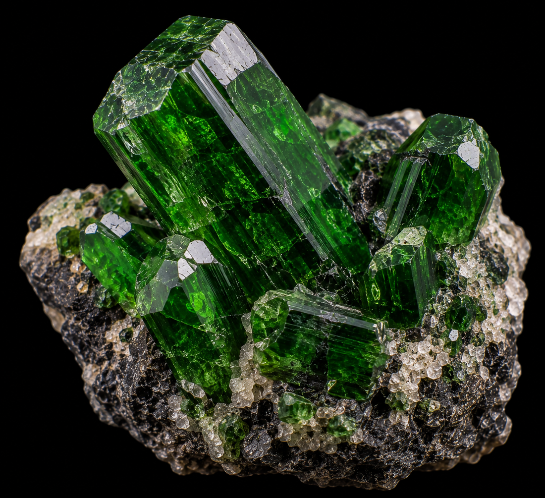 Diopside chromifère sur fond noir.