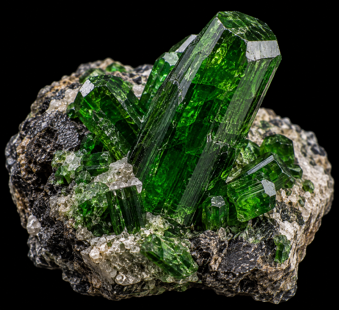 Diopside sur fond noir.
