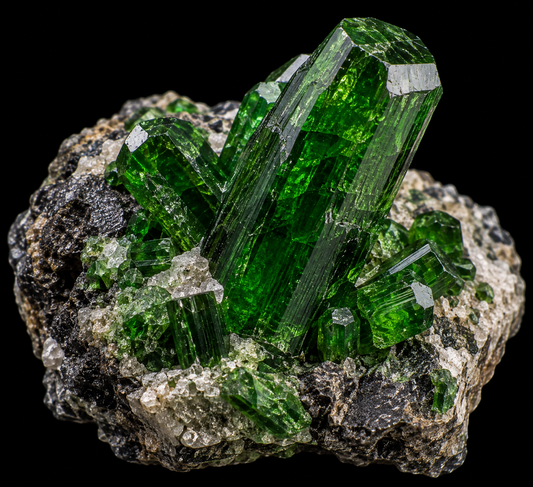 Diopside sur fond noir.